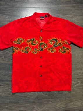 Vintage Street Culture Men's Red Dragon Print Short-Sleeve Button Down